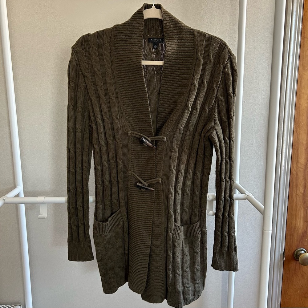 Talbots cable knit cardigan with toggles